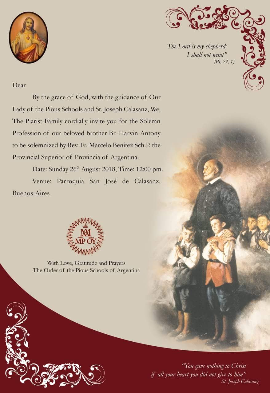 26 agosto, HARVIN ANTONY, RELIGIOSO ESCOLAPIO PARA SIEMPRE