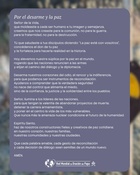 OREMOS CON EL PAPA POR EL DESARME Y LA PAZ
